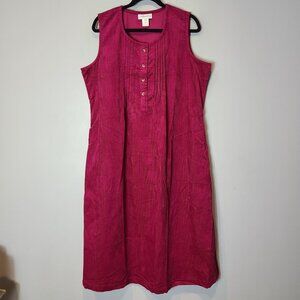 Vtg Easy Essentials Corduroy Midi Dress Size XL Tie Back Raspberry Pink Pockets